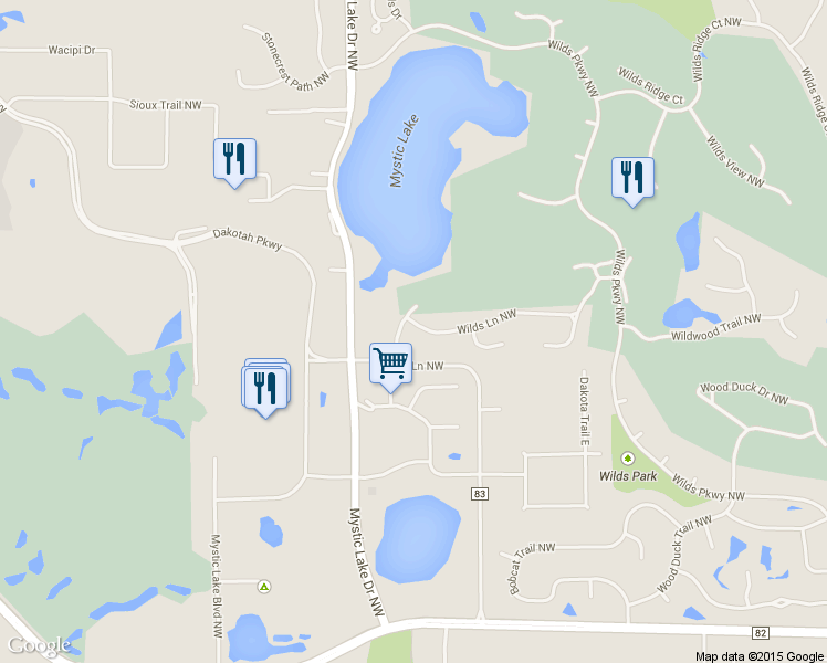 map of restaurants, bars, coffee shops, grocery stores, and more near 14956 Pheasant Run Court Northwest in Prior Lake