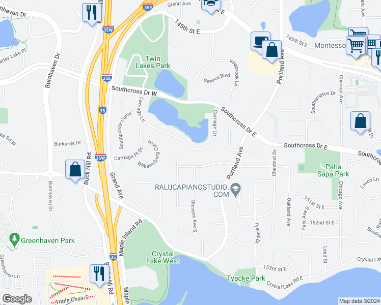 map of restaurants, bars, coffee shops, grocery stores, and more near 131 Carriage Lane in Burnsville