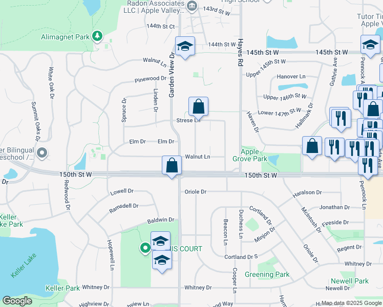 map of restaurants, bars, coffee shops, grocery stores, and more near 116 Oakwood Road in Apple Valley
