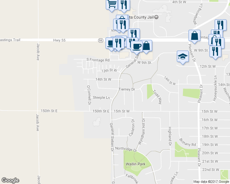 map of restaurants, bars, coffee shops, grocery stores, and more near 1805 Tierney Drive in Hastings