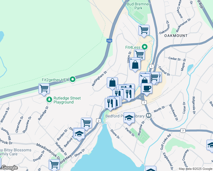 map of restaurants, bars, coffee shops, grocery stores, and more near 260 Nottingham Street in Bedford