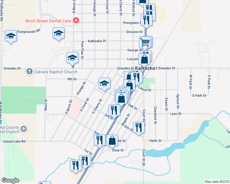 map of restaurants, bars, coffee shops, grocery stores, and more near 220 South Walnut Street in Kalkaska