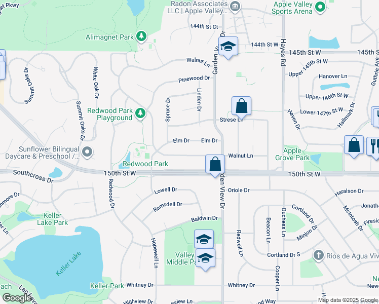 map of restaurants, bars, coffee shops, grocery stores, and more near 249 Walnut Lane in Apple Valley
