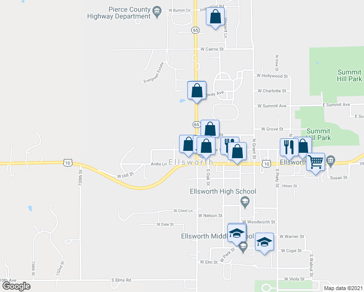 map of restaurants, bars, coffee shops, grocery stores, and more near 546 West Kinne Street in Ellsworth
