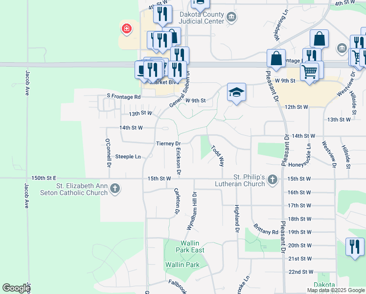 map of restaurants, bars, coffee shops, grocery stores, and more near 1439 Erickson Drive in Hastings