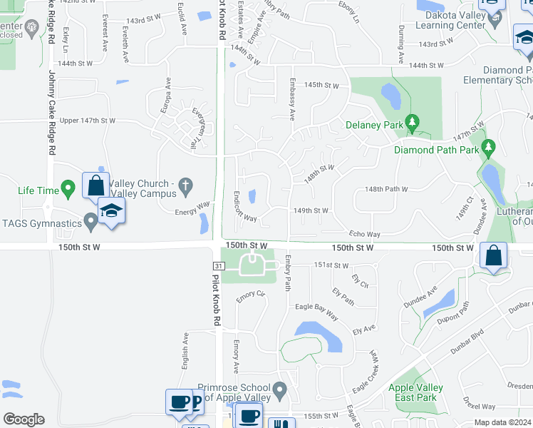 map of restaurants, bars, coffee shops, grocery stores, and more near 14879 Endicott Way in Apple Valley