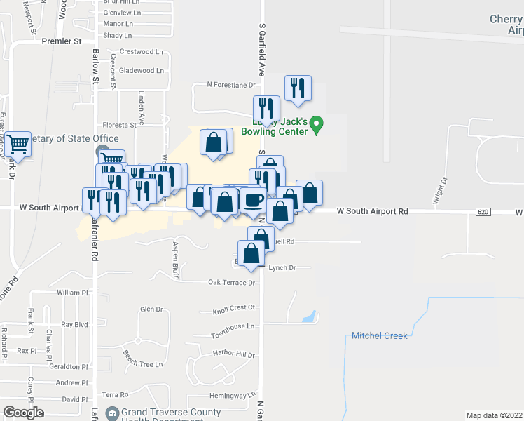 map of restaurants, bars, coffee shops, grocery stores, and more near 2297 South Garfield Avenue in Traverse City