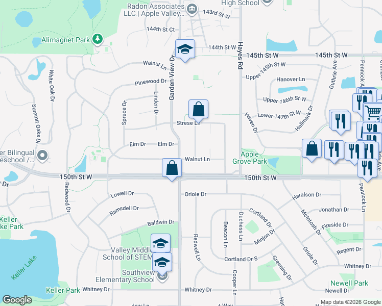 map of restaurants, bars, coffee shops, grocery stores, and more near 116 Oakwood Road in Apple Valley