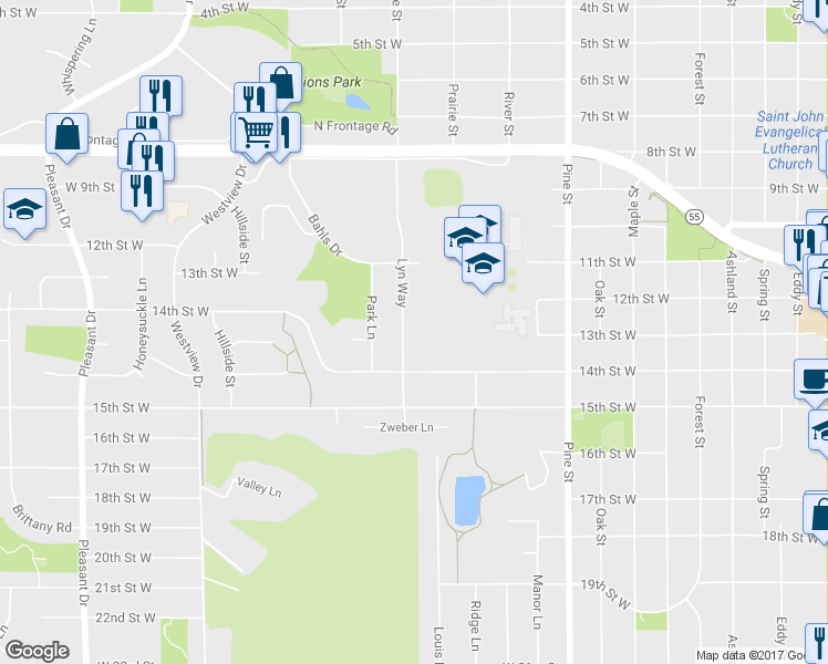 map of restaurants, bars, coffee shops, grocery stores, and more near 1225 Lyn Way in Hastings