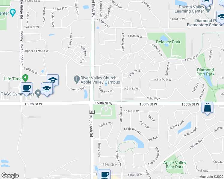 map of restaurants, bars, coffee shops, grocery stores, and more near 14879 Endicott Way in Apple Valley
