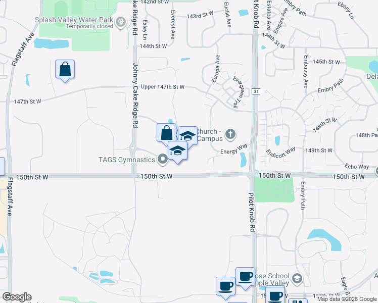 map of restaurants, bars, coffee shops, grocery stores, and more near 5800 149th Street West in Apple Valley
