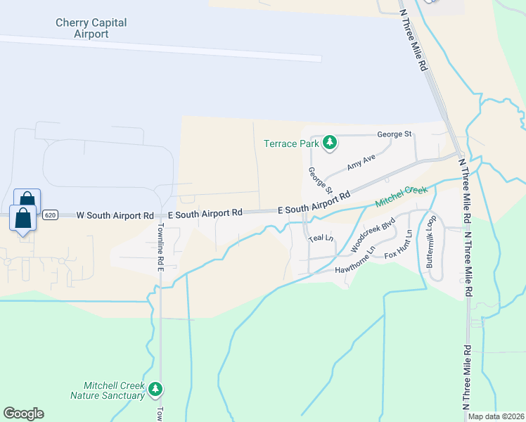 map of restaurants, bars, coffee shops, grocery stores, and more near 186-452 East South Airport Road in Traverse City