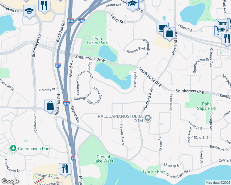 map of restaurants, bars, coffee shops, grocery stores, and more near 131 Carriage Lane in Burnsville