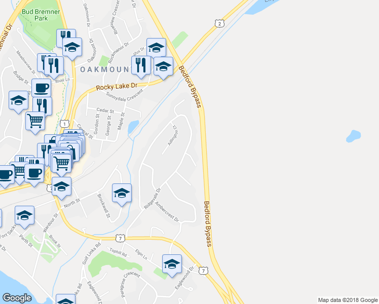 map of restaurants, bars, coffee shops, grocery stores, and more near 3 Lowe Court in Bedford