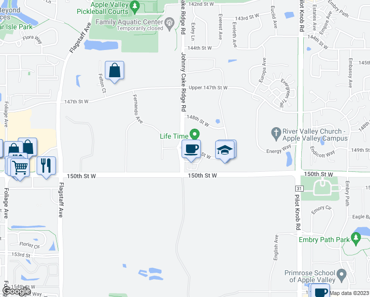 map of restaurants, bars, coffee shops, grocery stores, and more near 8339 149th Street West in Apple Valley