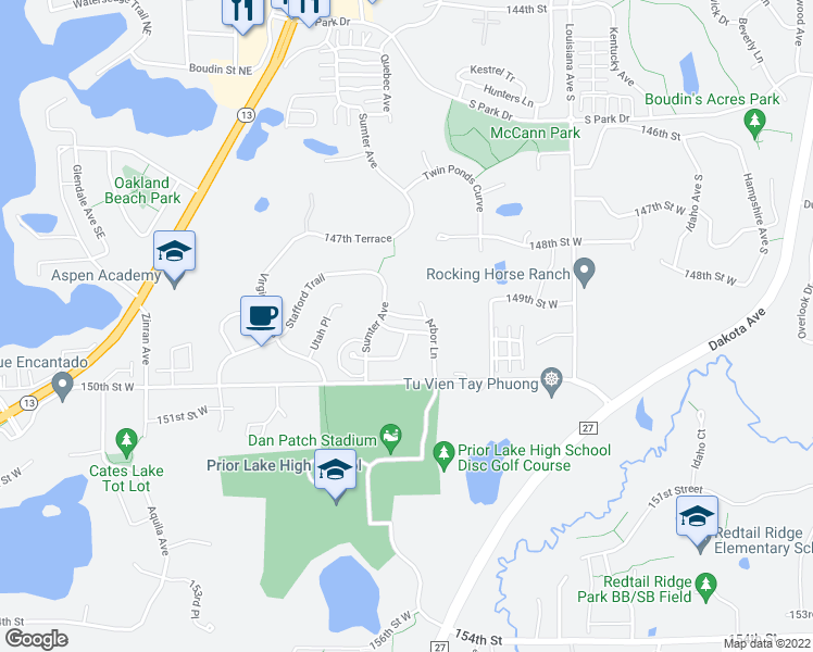 map of restaurants, bars, coffee shops, grocery stores, and more near 7616 Crimson Lane in Savage