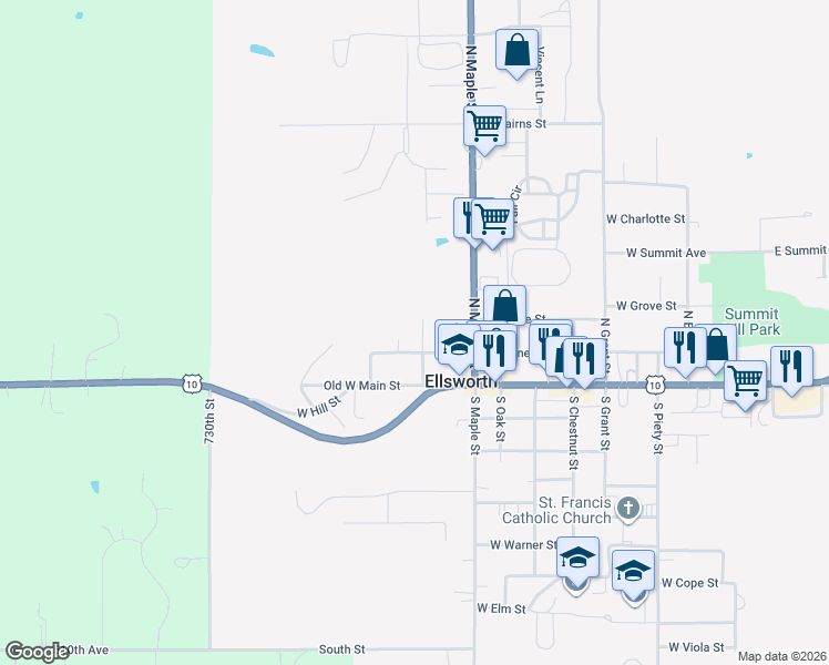 map of restaurants, bars, coffee shops, grocery stores, and more near 546 West Kinne Street in Ellsworth