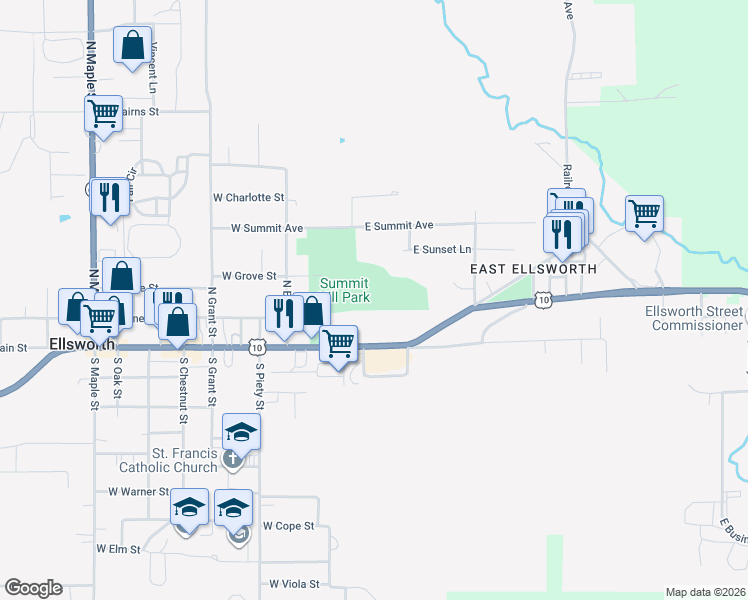 map of restaurants, bars, coffee shops, grocery stores, and more near 166 East Main Street in Ellsworth