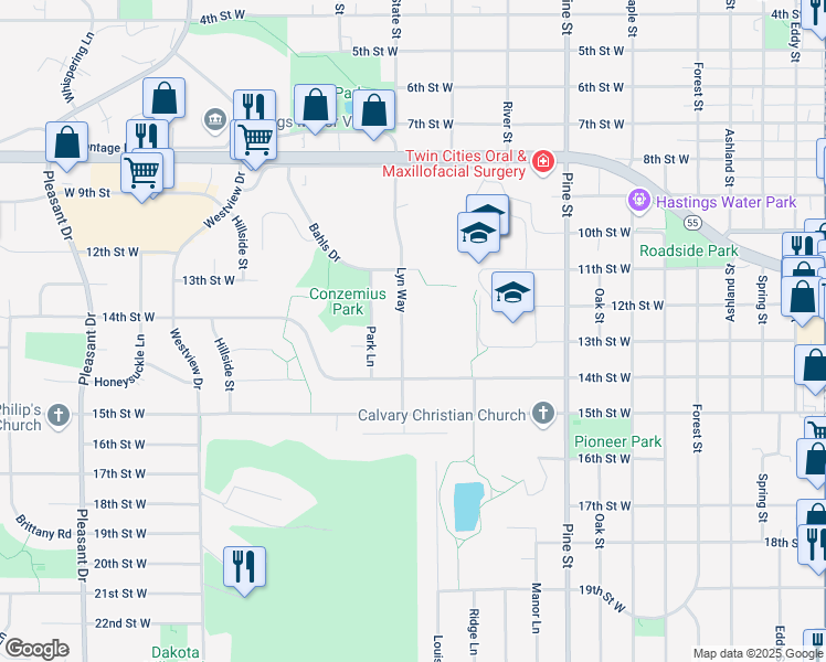 map of restaurants, bars, coffee shops, grocery stores, and more near 1217 Lyn Way in Hastings