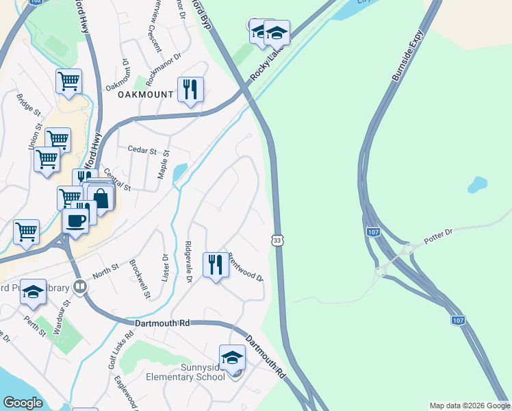 map of restaurants, bars, coffee shops, grocery stores, and more near 3 Lowe Court in Bedford