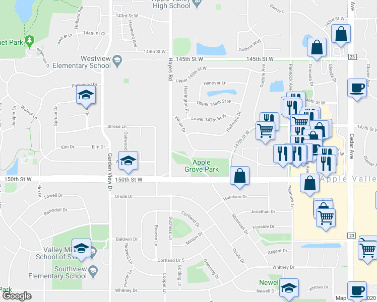 map of restaurants, bars, coffee shops, grocery stores, and more near 14829 Haven Drive in Apple Valley