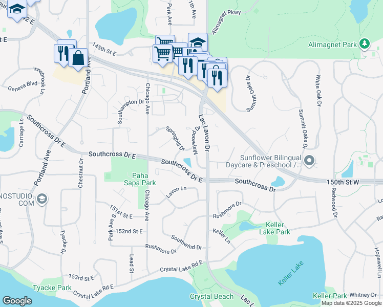 map of restaurants, bars, coffee shops, grocery stores, and more near 14904 Maywood Drive in Burnsville
