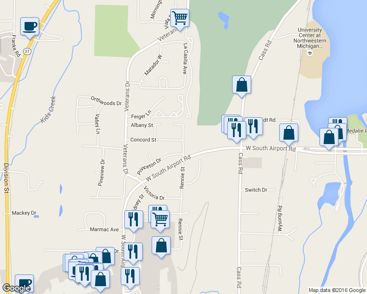 map of restaurants, bars, coffee shops, grocery stores, and more near 3250 Rennie Street in Traverse City