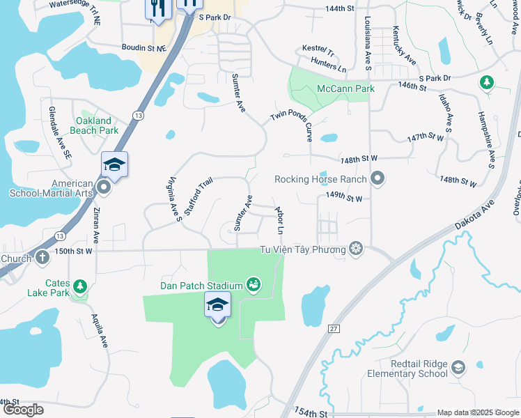 map of restaurants, bars, coffee shops, grocery stores, and more near 7627 Arbor Lane in Savage