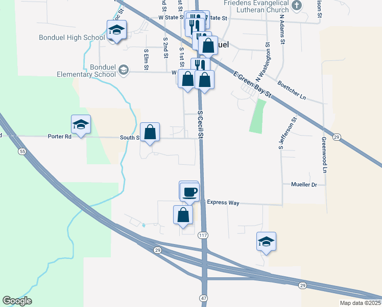 map of restaurants, bars, coffee shops, grocery stores, and more near 204 South Street in Bonduel