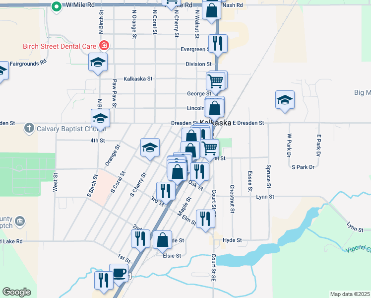 map of restaurants, bars, coffee shops, grocery stores, and more near 220 South Walnut Street in Kalkaska
