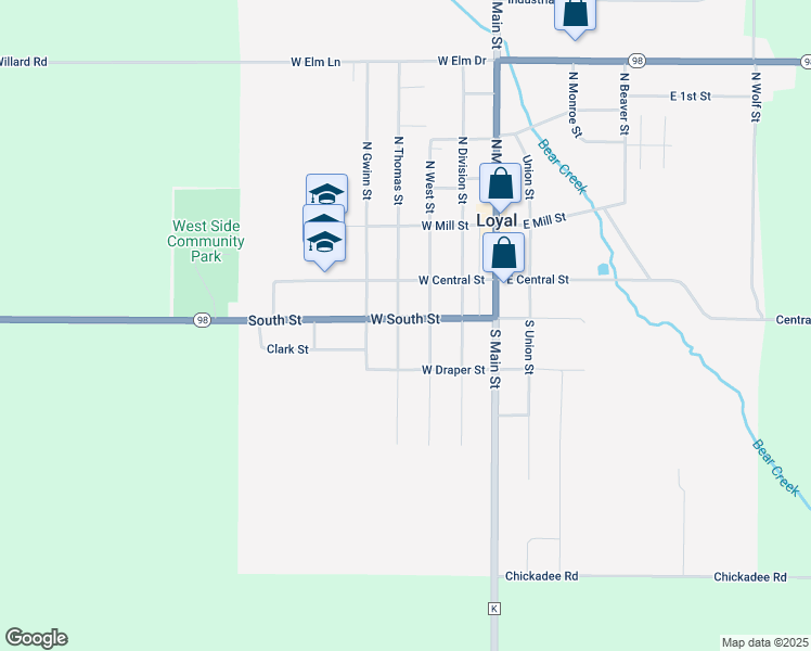 map of restaurants, bars, coffee shops, grocery stores, and more near 106 South Thomas Street in Loyal