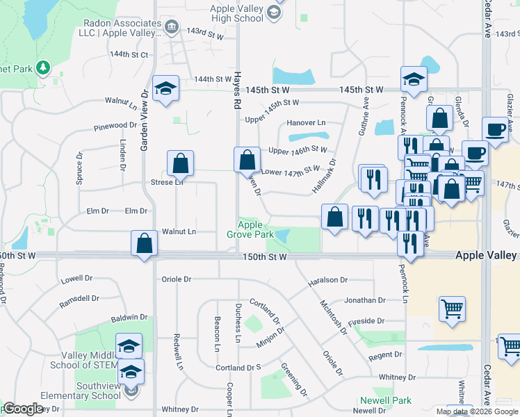 map of restaurants, bars, coffee shops, grocery stores, and more near 14825 Haven Drive in Apple Valley