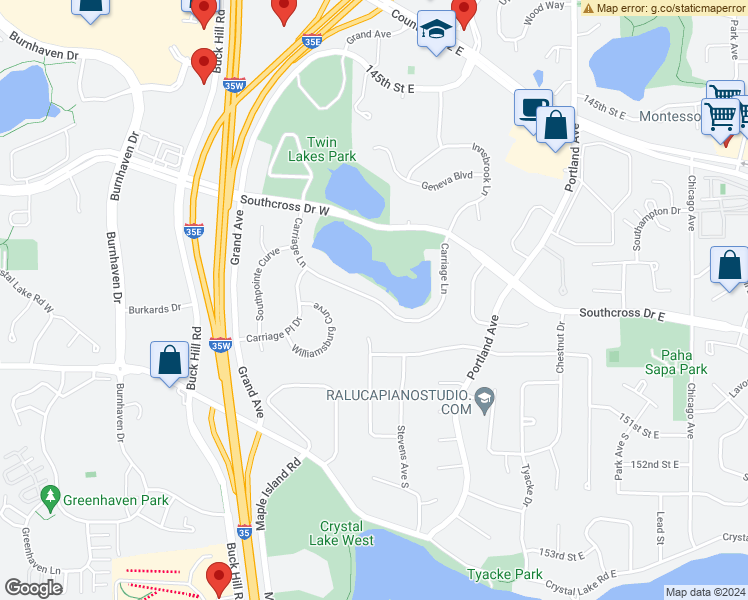 map of restaurants, bars, coffee shops, grocery stores, and more near 100 Carriage Lane in Burnsville