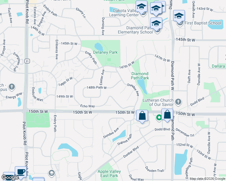 map of restaurants, bars, coffee shops, grocery stores, and more near 5015 148th Path West in Apple Valley
