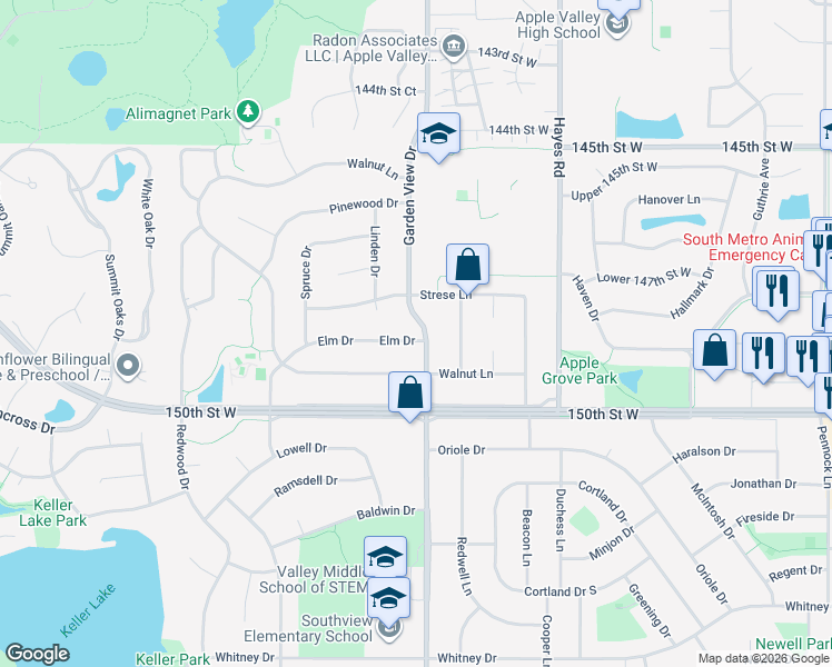 map of restaurants, bars, coffee shops, grocery stores, and more near 149 Garden View Drive in Apple Valley
