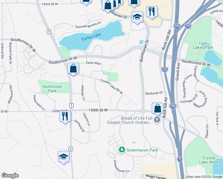 map of restaurants, bars, coffee shops, grocery stores, and more near 1013 Crystal Lake Road West in Burnsville
