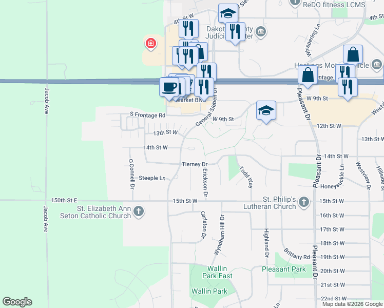 map of restaurants, bars, coffee shops, grocery stores, and more near 1726 14th Court West in Hastings