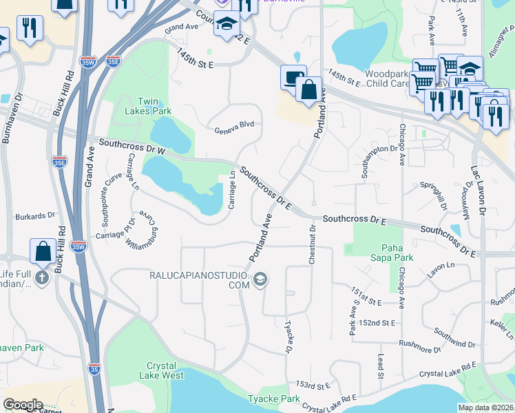 map of restaurants, bars, coffee shops, grocery stores, and more near 14812 Interlachen Lane in Burnsville
