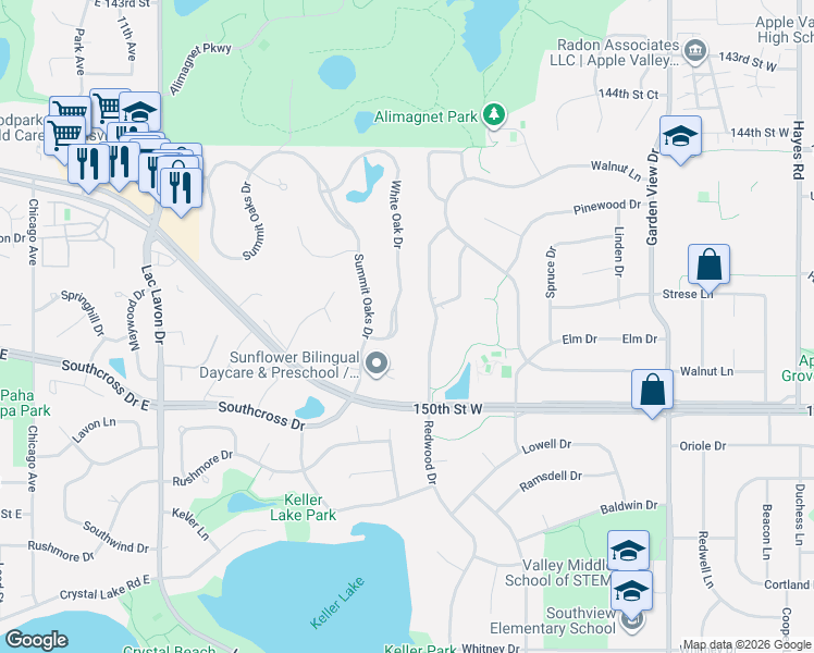 map of restaurants, bars, coffee shops, grocery stores, and more near 14901 White Oak Drive in Burnsville