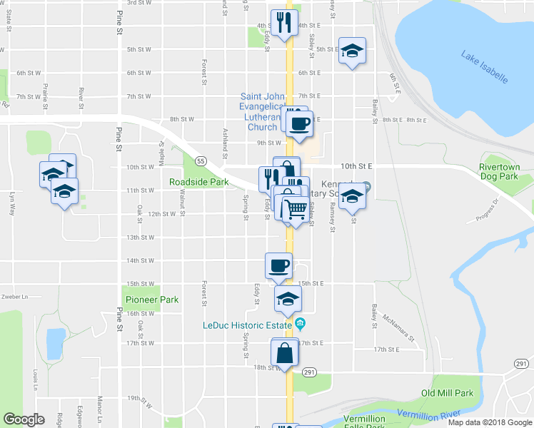 map of restaurants, bars, coffee shops, grocery stores, and more near 201 12th Street West in Hastings