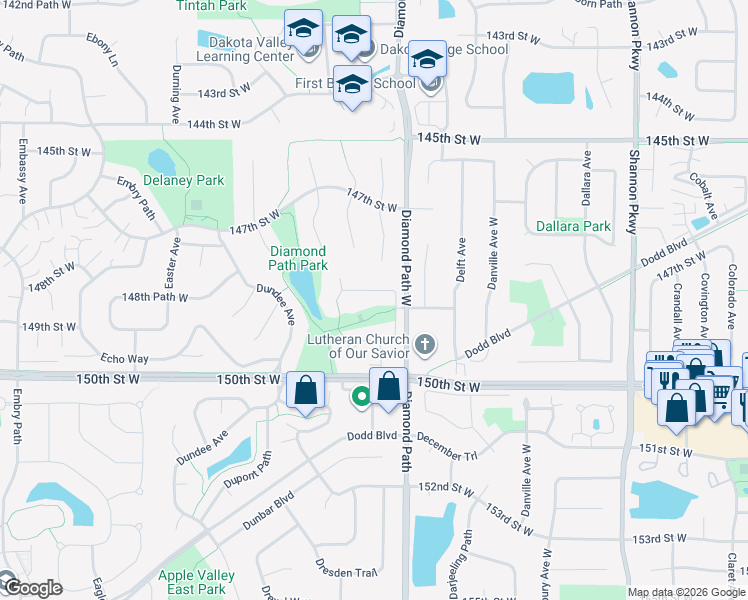 map of restaurants, bars, coffee shops, grocery stores, and more near 4518 148th Court in Apple Valley