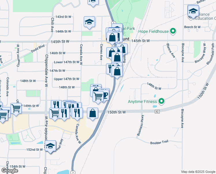 map of restaurants, bars, coffee shops, grocery stores, and more near 14810 Cambrian Avenue West in Rosemount