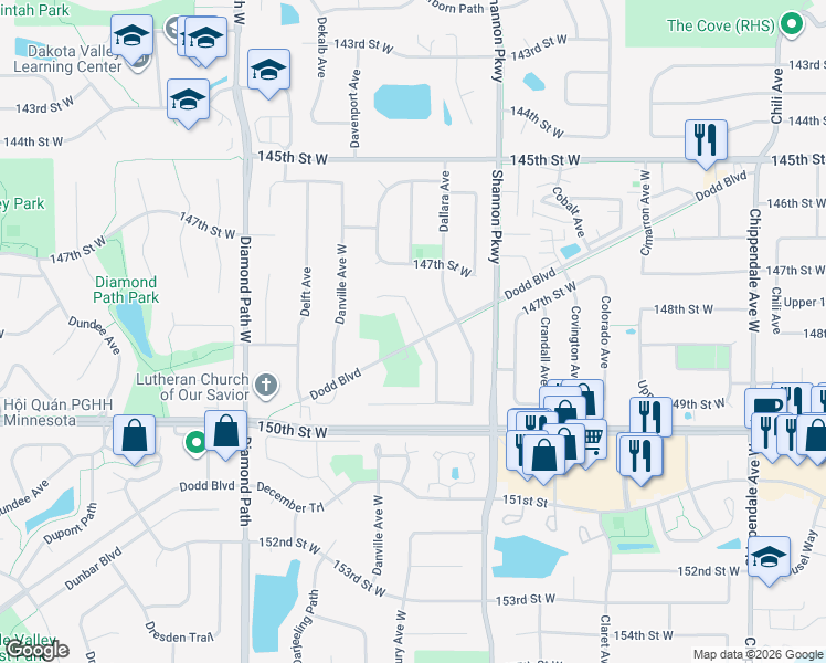 map of restaurants, bars, coffee shops, grocery stores, and more near 14815 Damask Court West in Rosemount