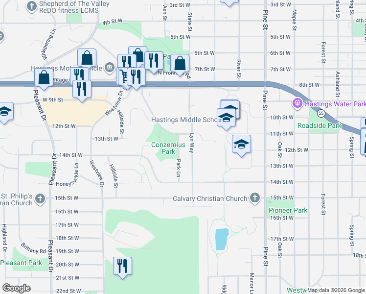 map of restaurants, bars, coffee shops, grocery stores, and more near 1118 Lyn Way in Hastings