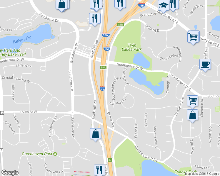 map of restaurants, bars, coffee shops, grocery stores, and more near 14724 Southpointe Curve in Burnsville