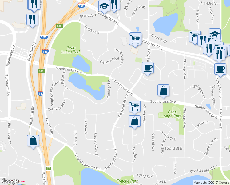 map of restaurants, bars, coffee shops, grocery stores, and more near 14812 Interlachen Lane in Burnsville