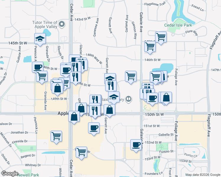 map of restaurants, bars, coffee shops, grocery stores, and more near 7200 147th Street West in Apple Valley