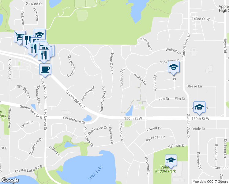 map of restaurants, bars, coffee shops, grocery stores, and more near 14901 White Oak Drive in Burnsville