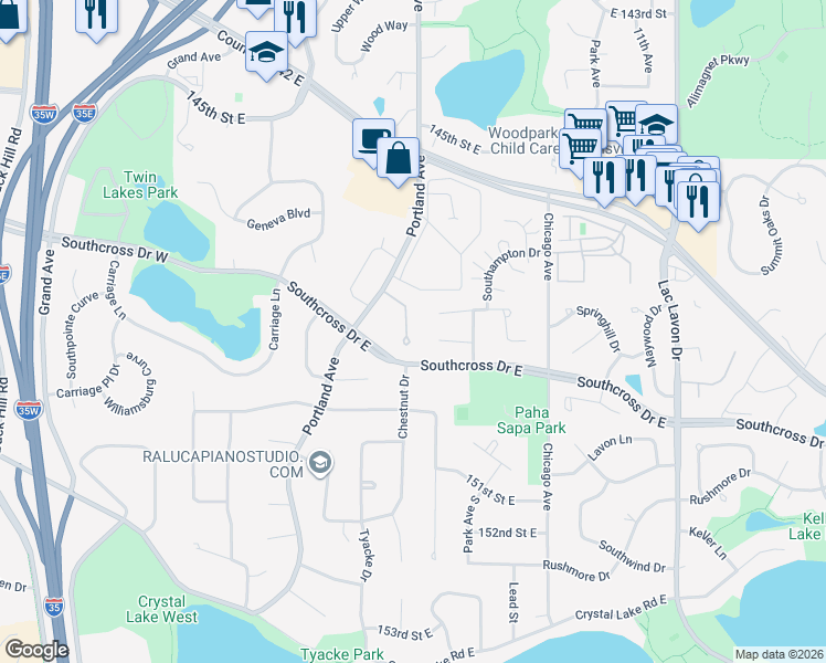map of restaurants, bars, coffee shops, grocery stores, and more near 528 Wildflower in Burnsville