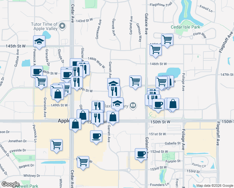 map of restaurants, bars, coffee shops, grocery stores, and more near 7200 147th Street West in Apple Valley